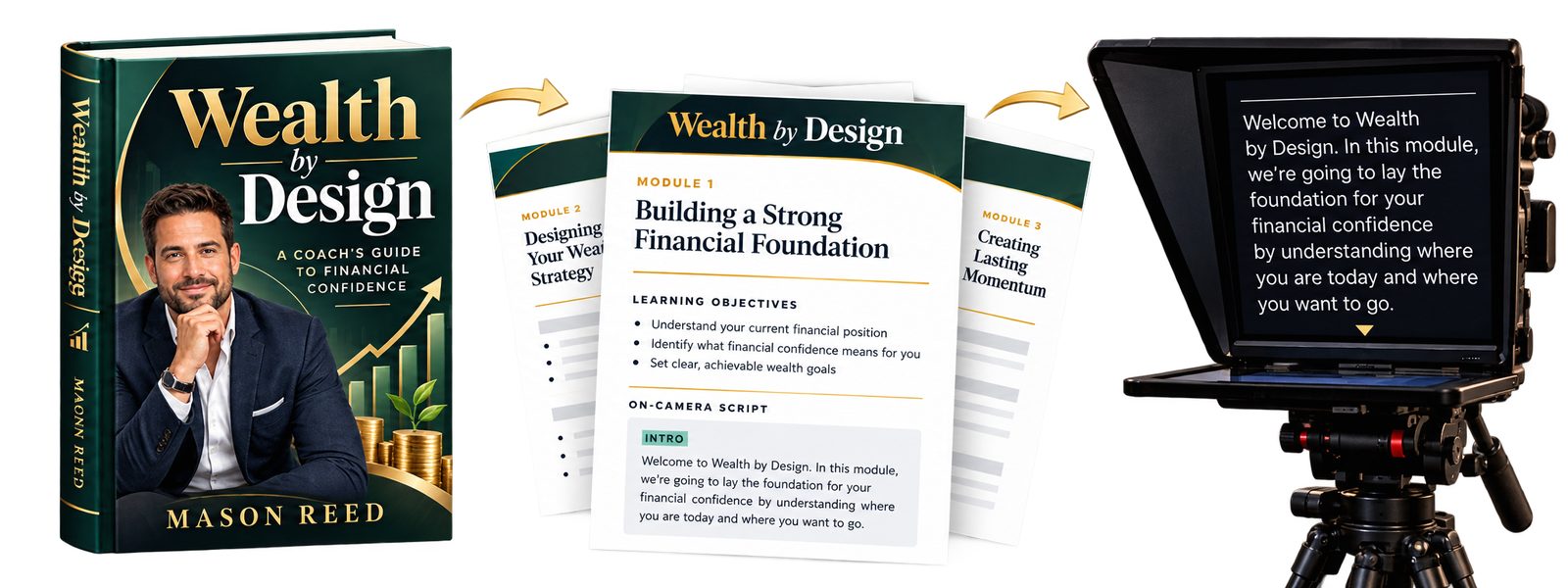 A book becoming module scripts with learning objectives, then the script on a studio teleprompter