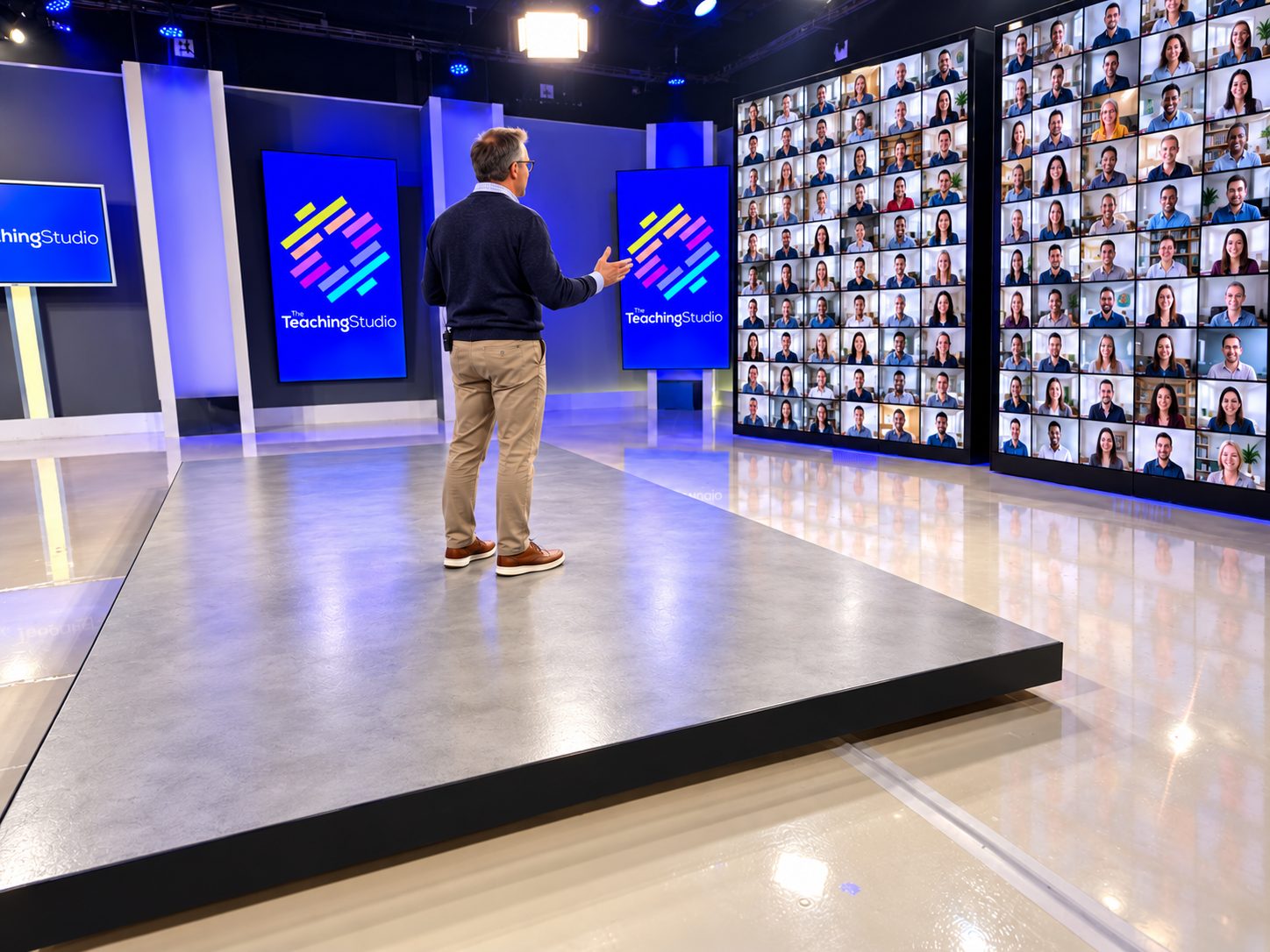 A coach on the studio stage teaching to a wall of live virtual attendees