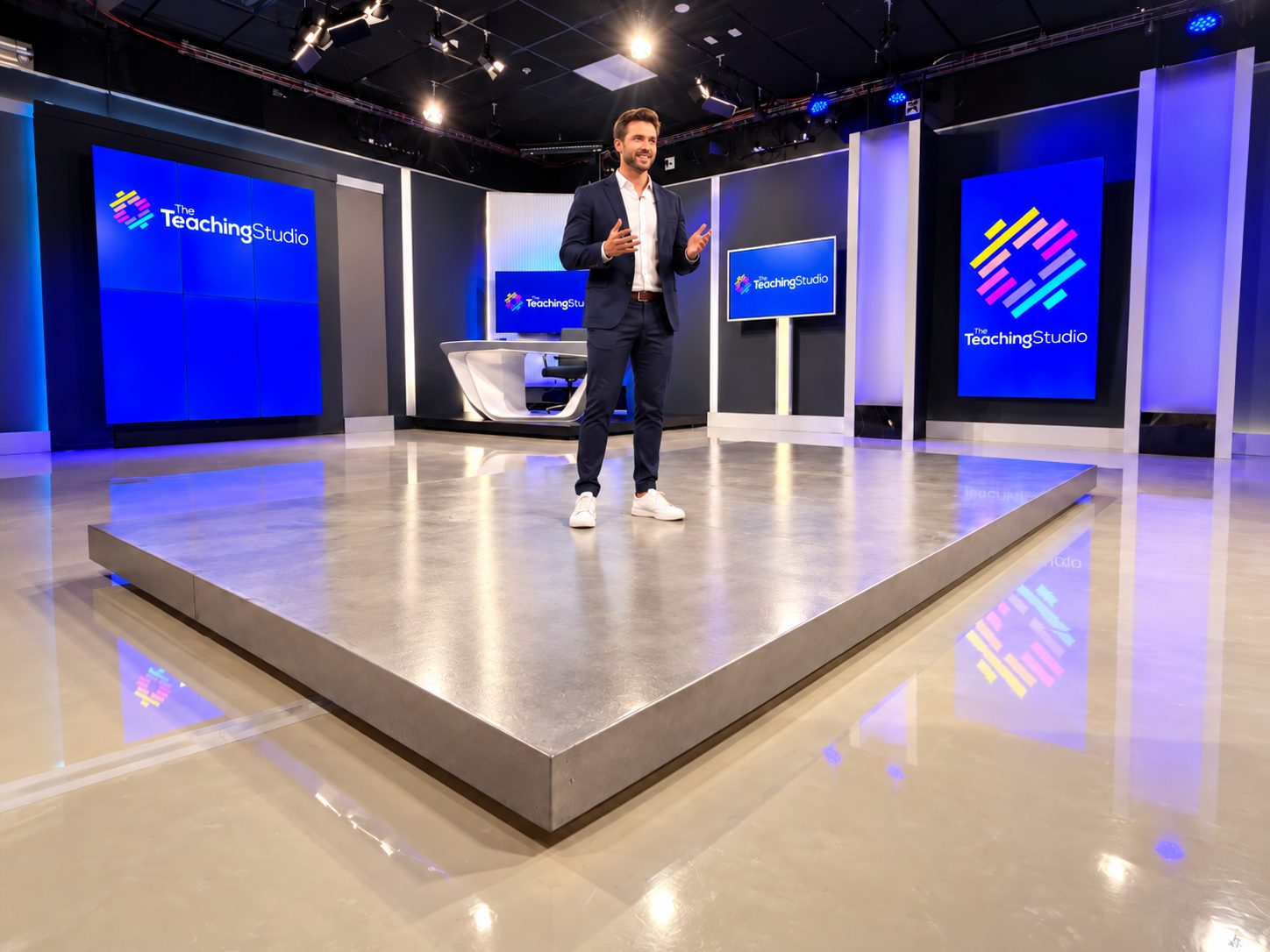 A coach presenting on the studio stage in front of branded screens